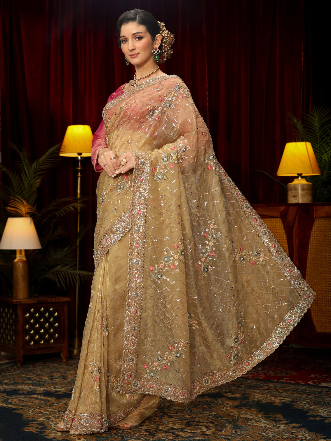 Mameraa Art Golden Chevron Embellished Tissue Saree