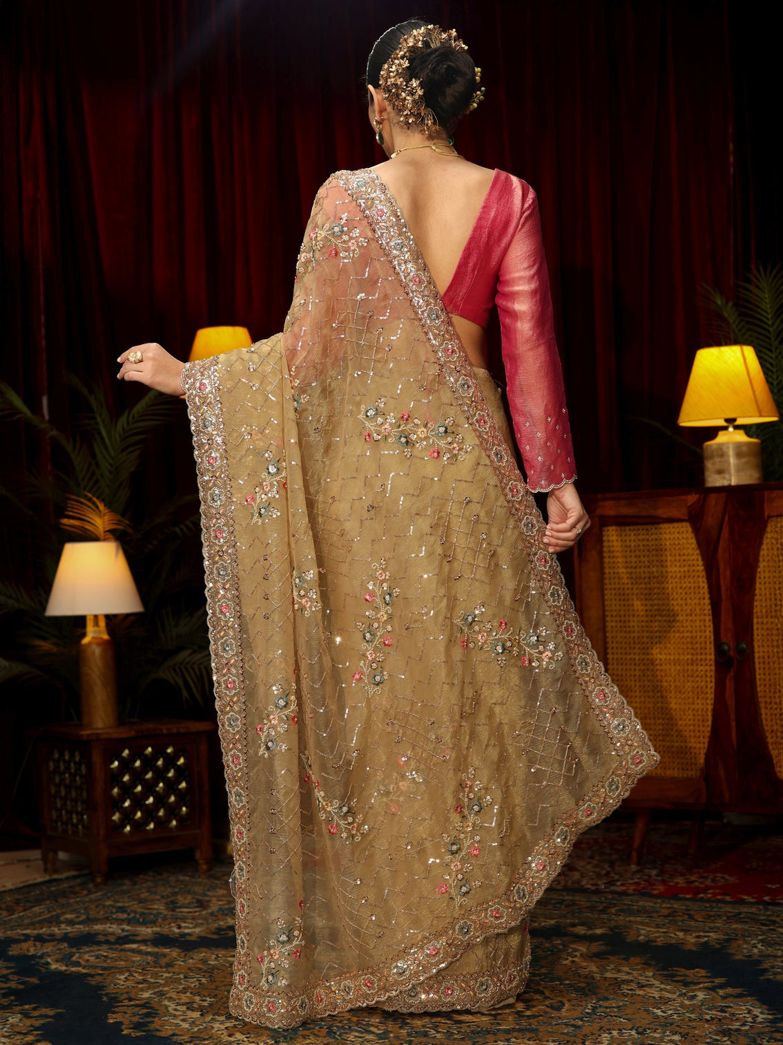 Mameraa Art Golden Chevron Embellished Tissue Saree