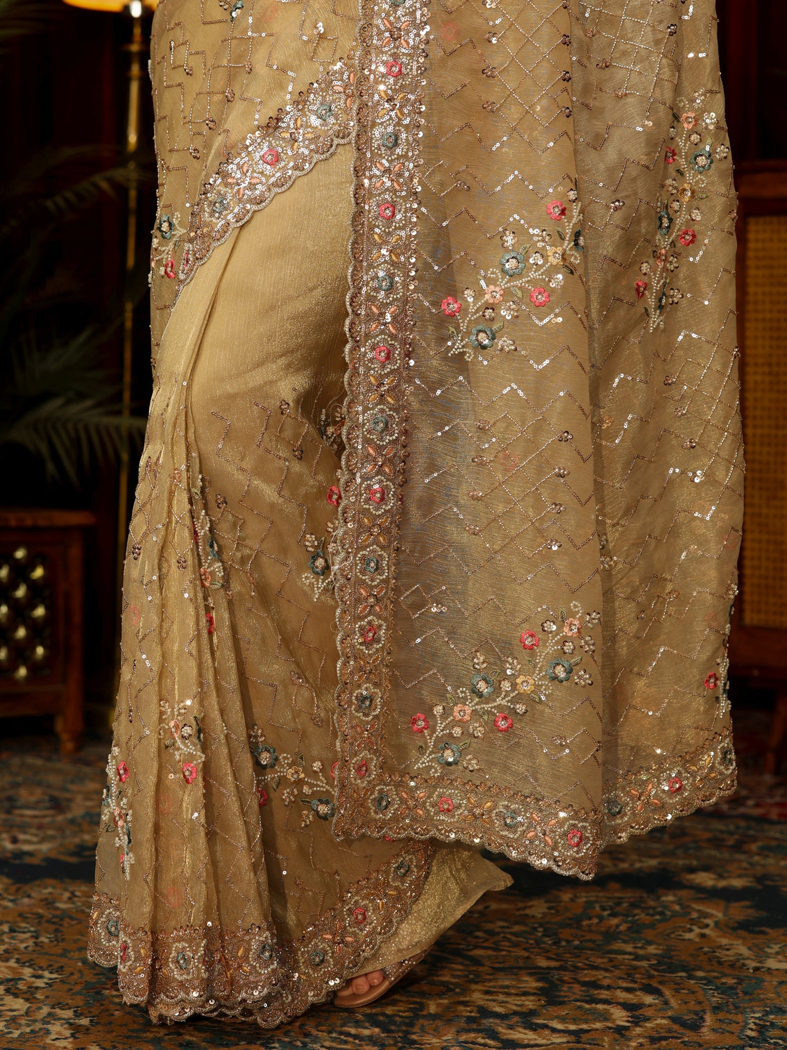 Mameraa Art Golden Chevron Embellished Tissue Saree