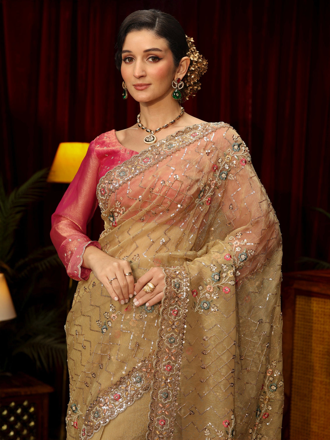 Mameraa Art Golden Chevron Embellished Tissue Saree