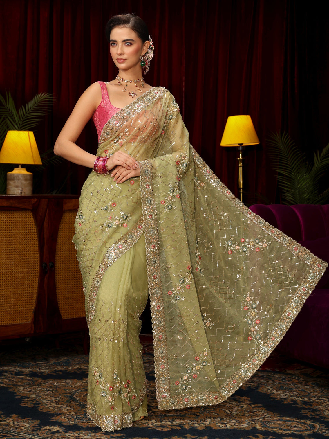 Mameraa Art Pista Green Chevron Embellished Tissue Saree