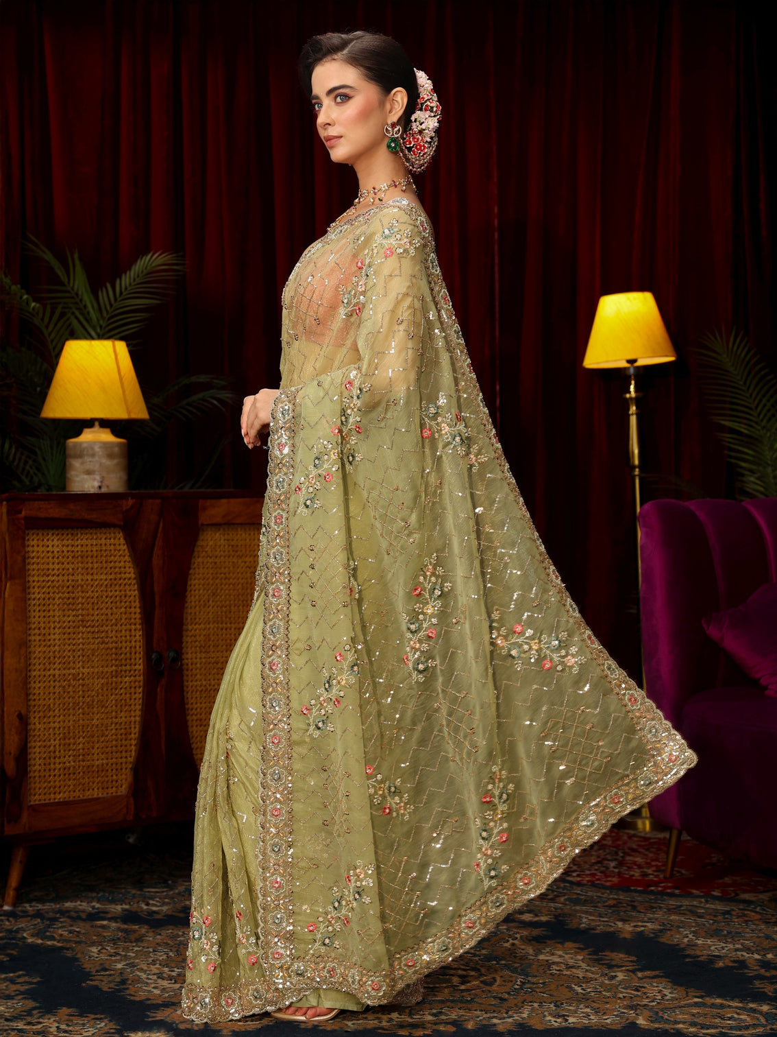Mameraa Art Pista Green Chevron Embellished Tissue Saree