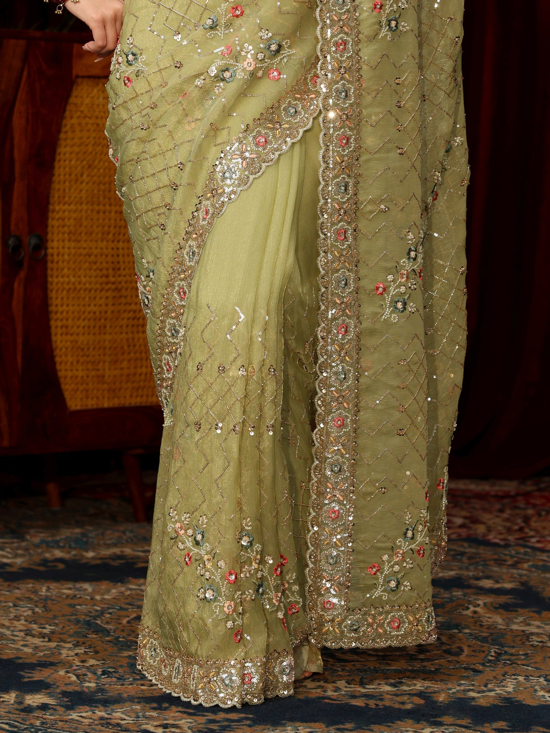 Mameraa Art Pista Green Chevron Embellished Tissue Saree