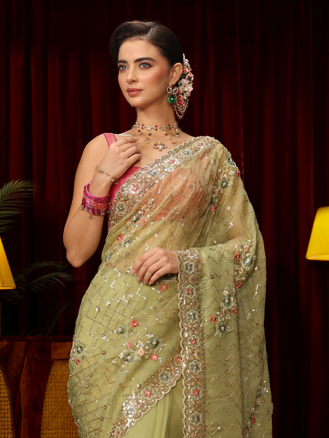 Mameraa Art Pista Green Chevron Embellished Tissue Saree