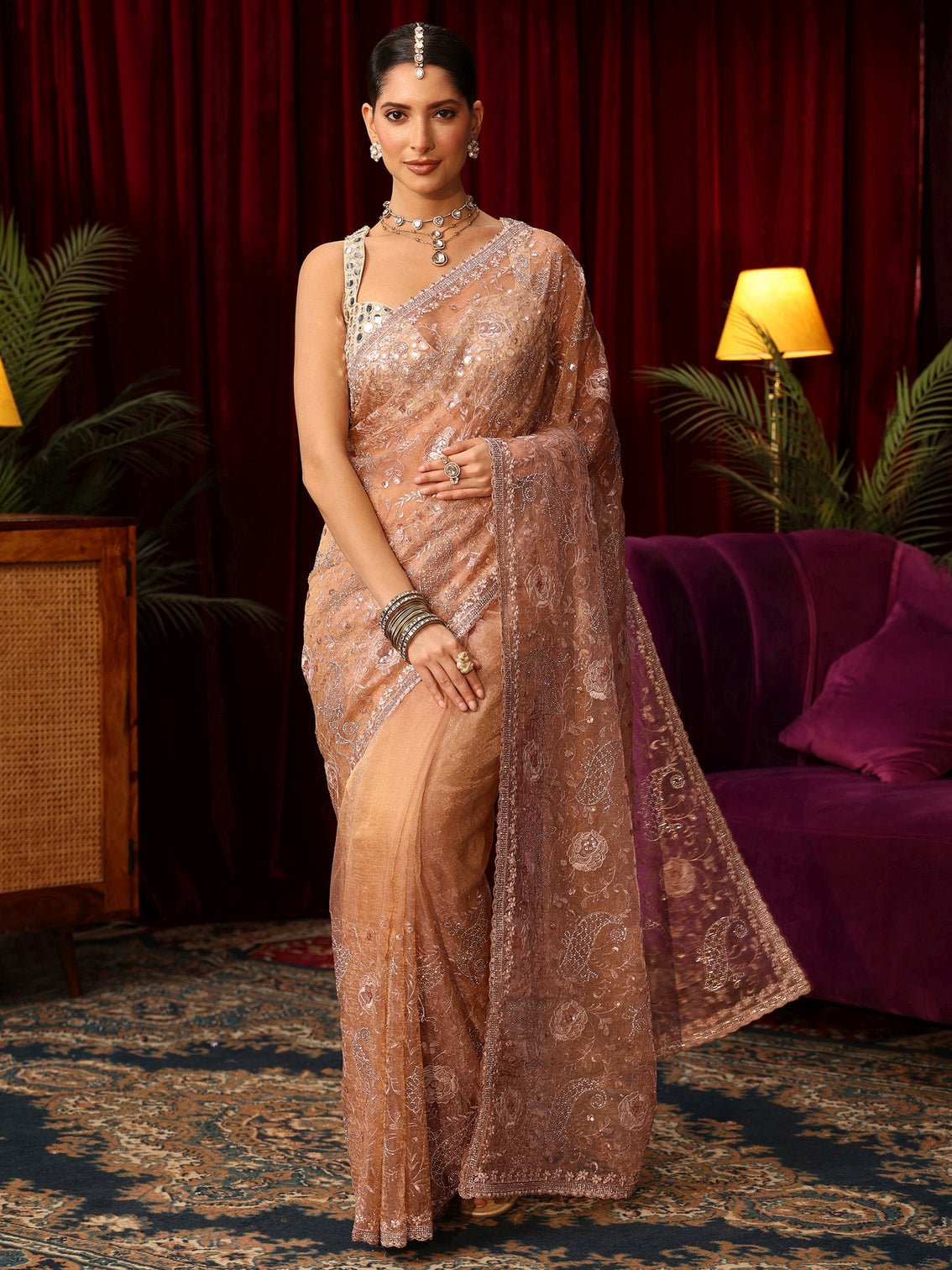 Mameraa Art Golden Floral Embroidered Tissue Saree with Stone Work