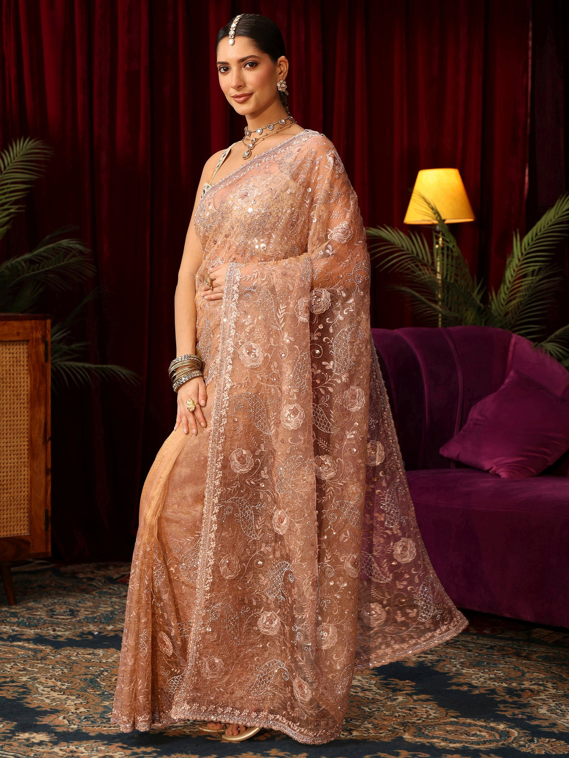 Mameraa Art Golden Floral Embroidered Tissue Saree with Stone Work