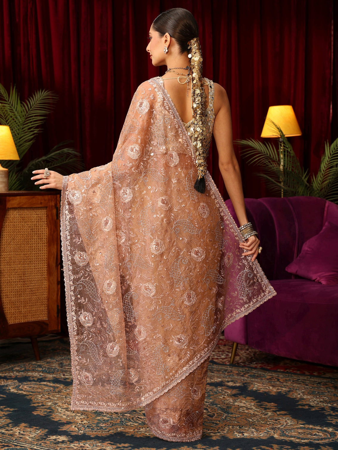 Mameraa Art Golden Floral Embroidered Tissue Saree with Stone Work