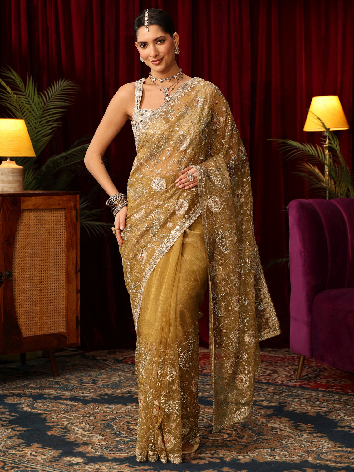 Mameraa Art Mustard Floral Embroidered Tissue Saree with Stone Work