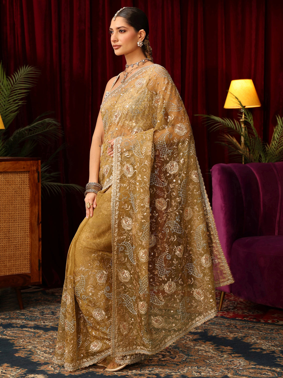 Mameraa Art Mustard Floral Embroidered Tissue Saree with Stone Work