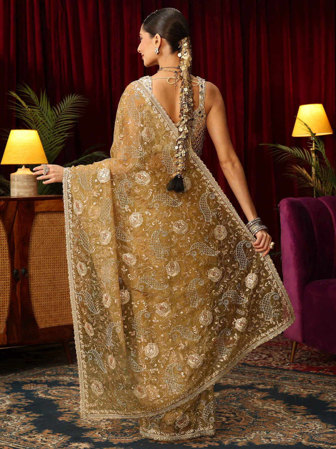 Mameraa Art Mustard Floral Embroidered Tissue Saree with Stone Work