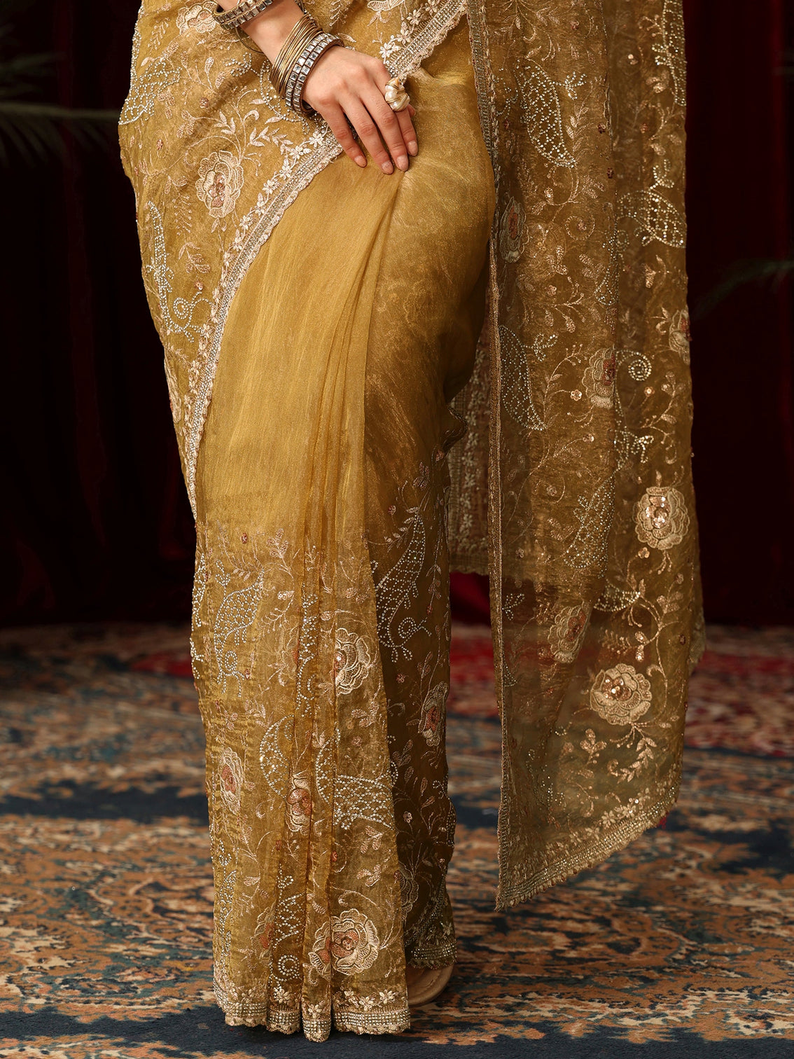 Mameraa Art Mustard Floral Embroidered Tissue Saree with Stone Work