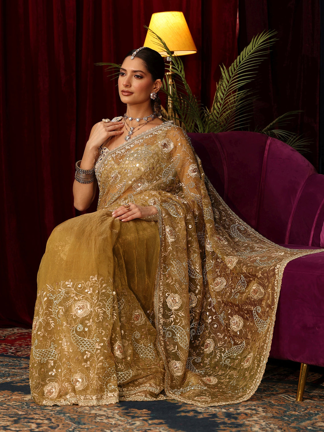 Mameraa Art Mustard Floral Embroidered Tissue Saree with Stone Work