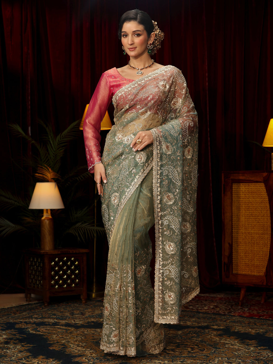 Mameraa Art Ice Blue Stone Work Embellished Tissue Saree