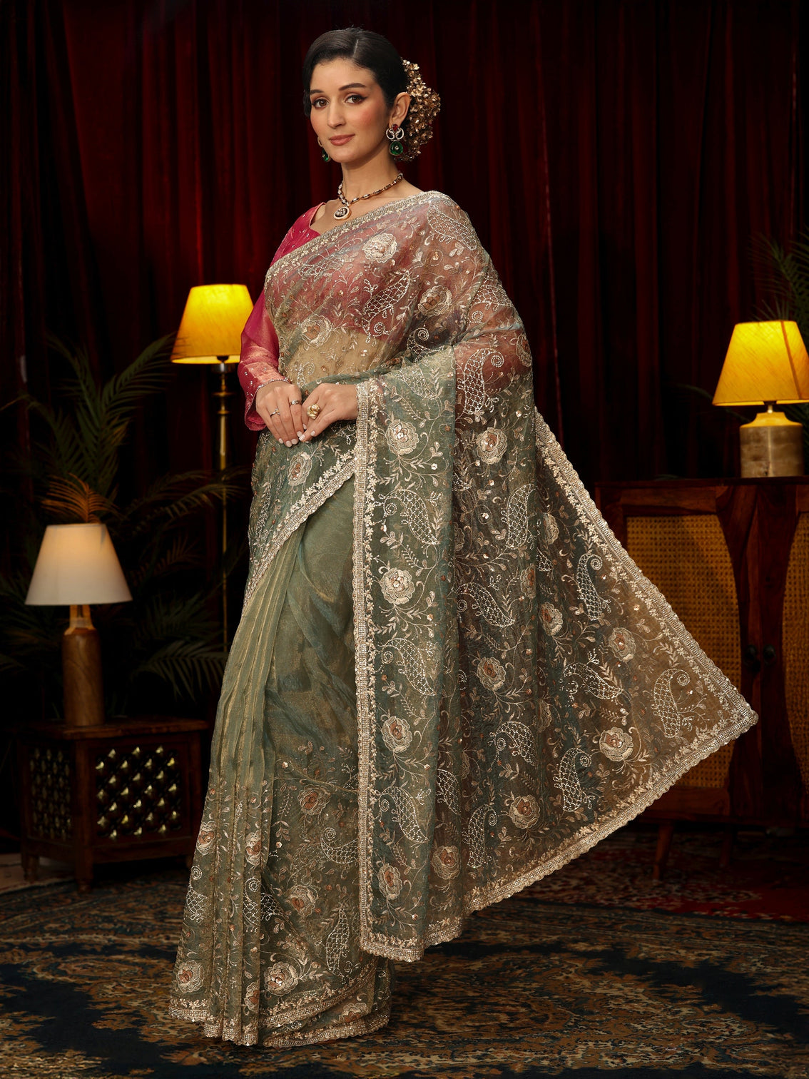 Mameraa Art Ice Blue Stone Work Embellished Tissue Saree