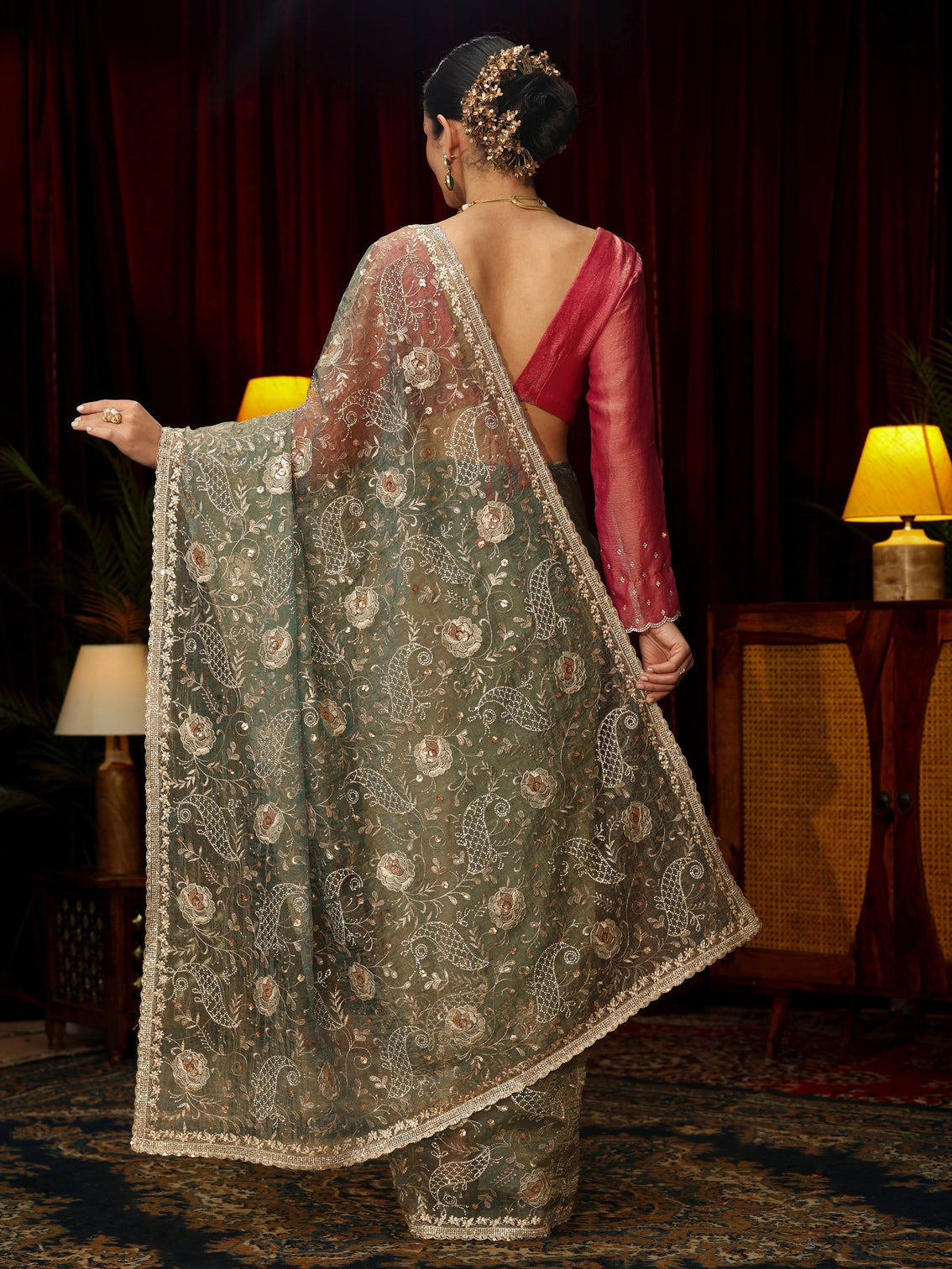 Mameraa Art Ice Blue Stone Work Embellished Tissue Saree