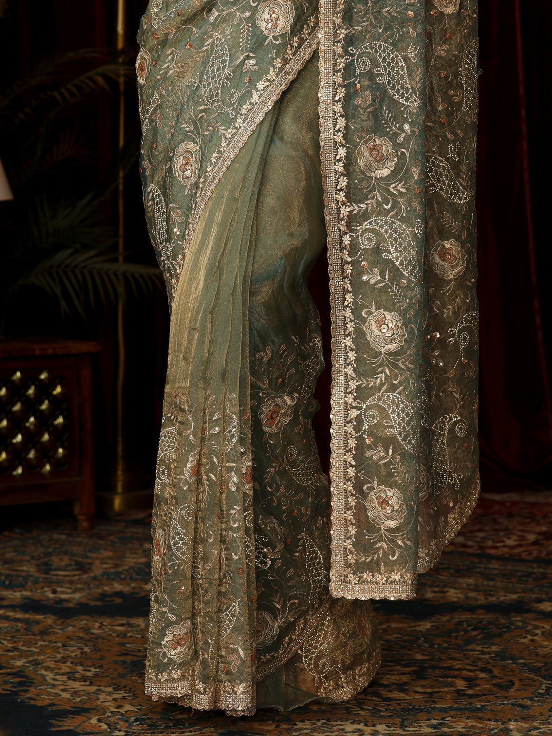 Mameraa Art Ice Blue Stone Work Embellished Tissue Saree