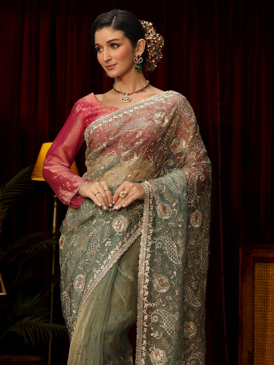Mameraa Art Ice Blue Stone Work Embellished Tissue Saree