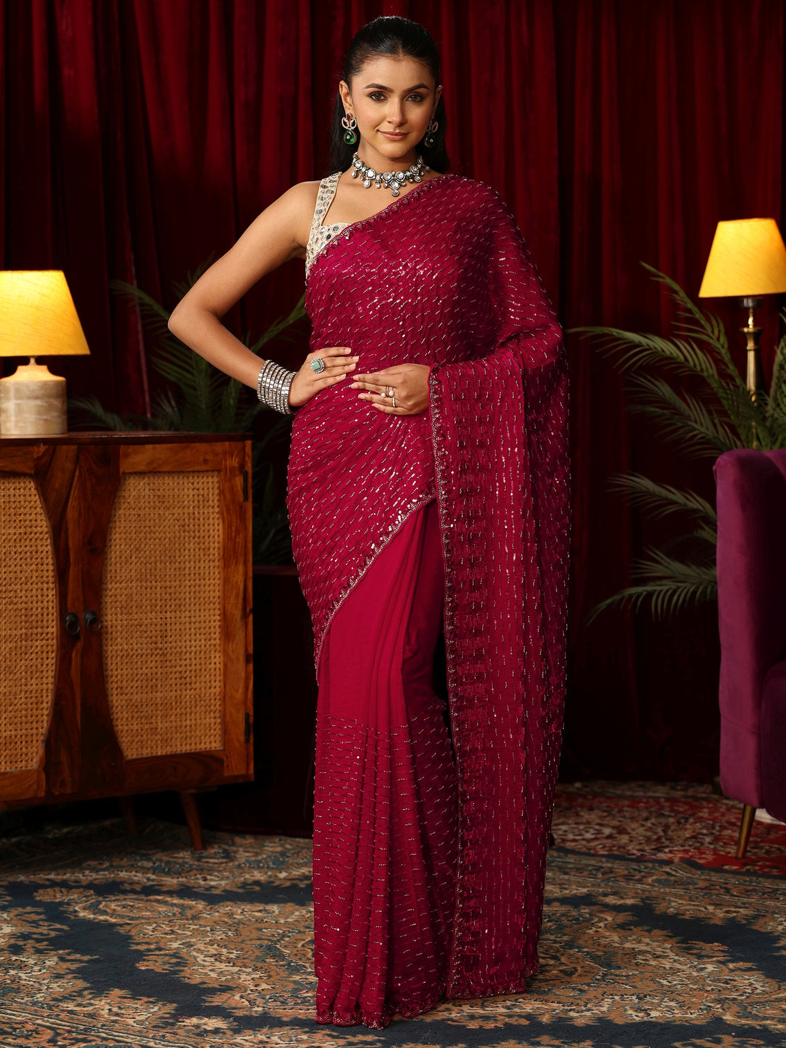 Mameraa Art Dark Pink Sequin Embellished Tissue Saree