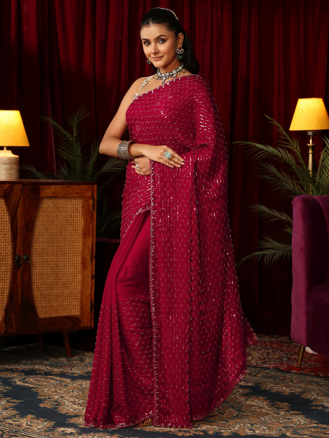 Mameraa Art Dark Pink Sequin Embellished Tissue Saree