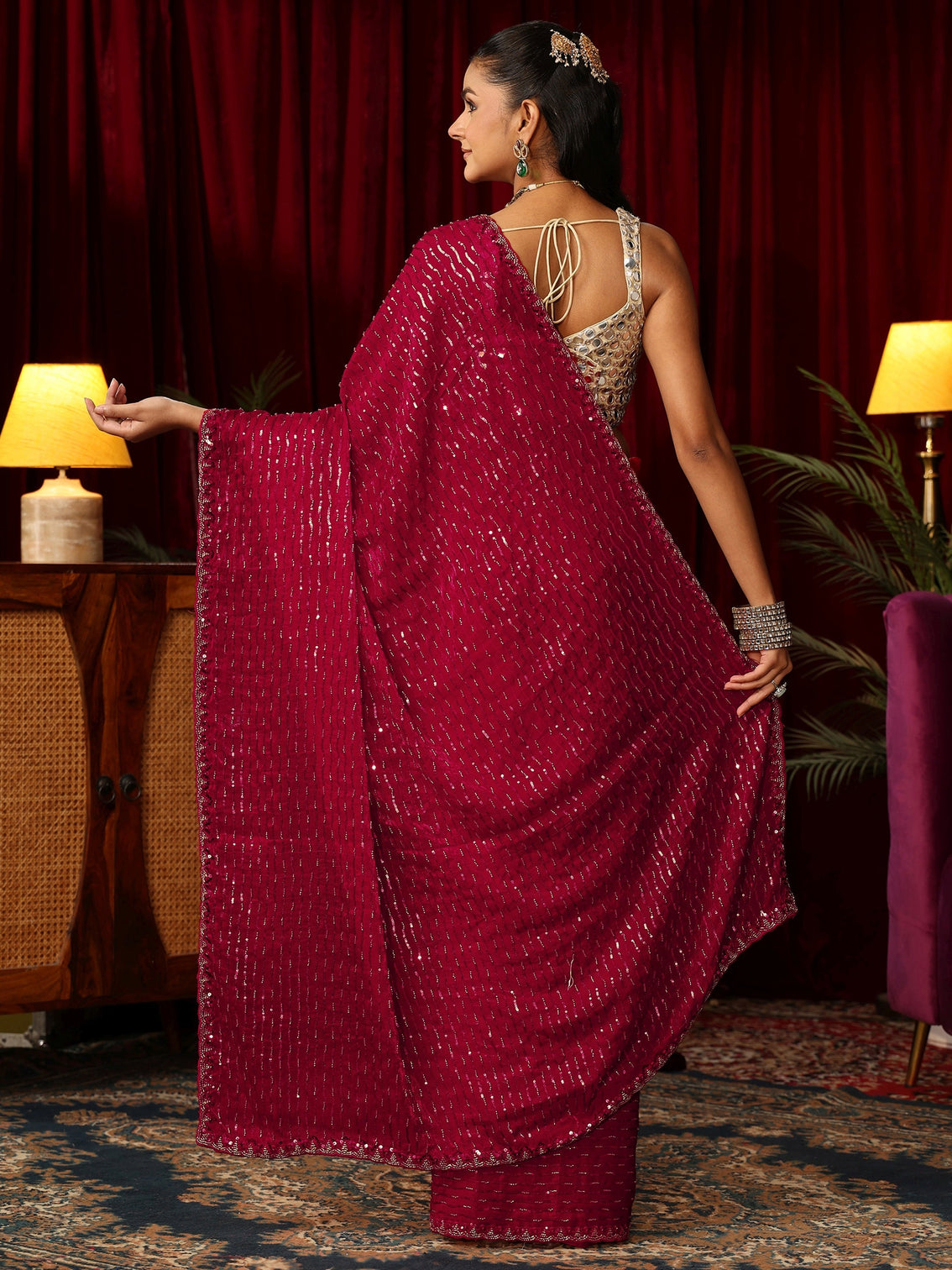 Mameraa Art Dark Pink Sequin Embellished Tissue Saree