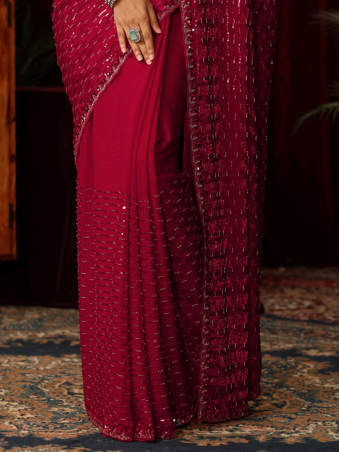 Mameraa Art Dark Pink Sequin Embellished Tissue Saree