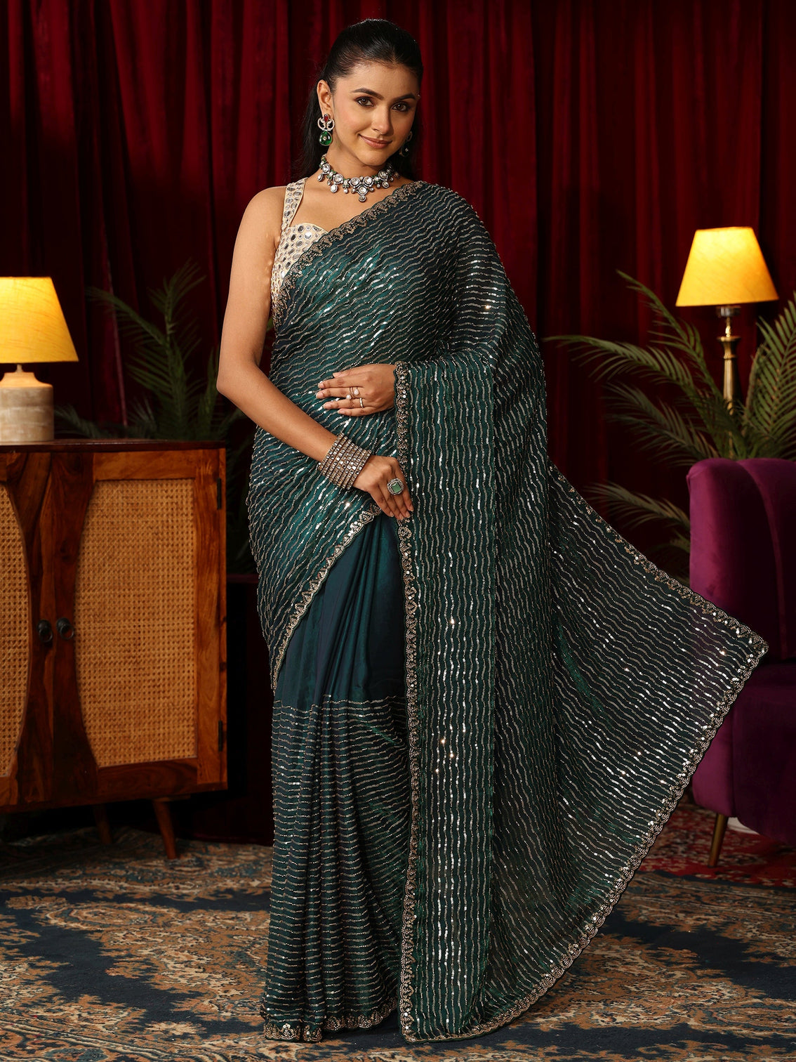 Mameraa Art Teal Green Sequin Embellished Tissue Saree
