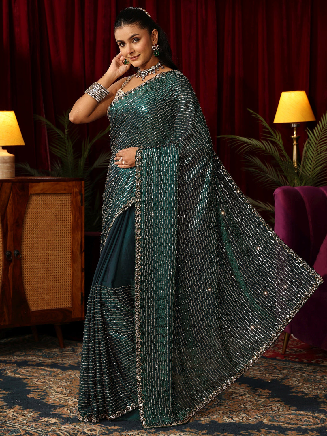 Mameraa Art Teal Green Sequin Embellished Tissue Saree