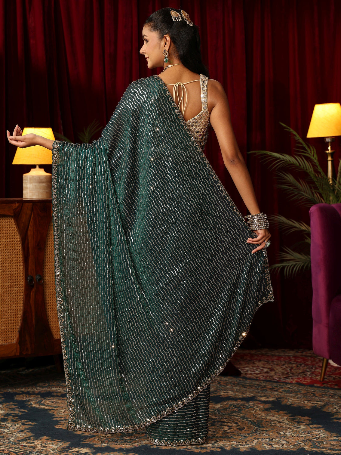 Mameraa Art Teal Green Sequin Embellished Tissue Saree