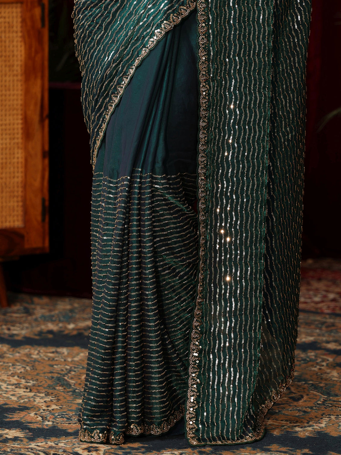 Mameraa Art Teal Green Sequin Embellished Tissue Saree