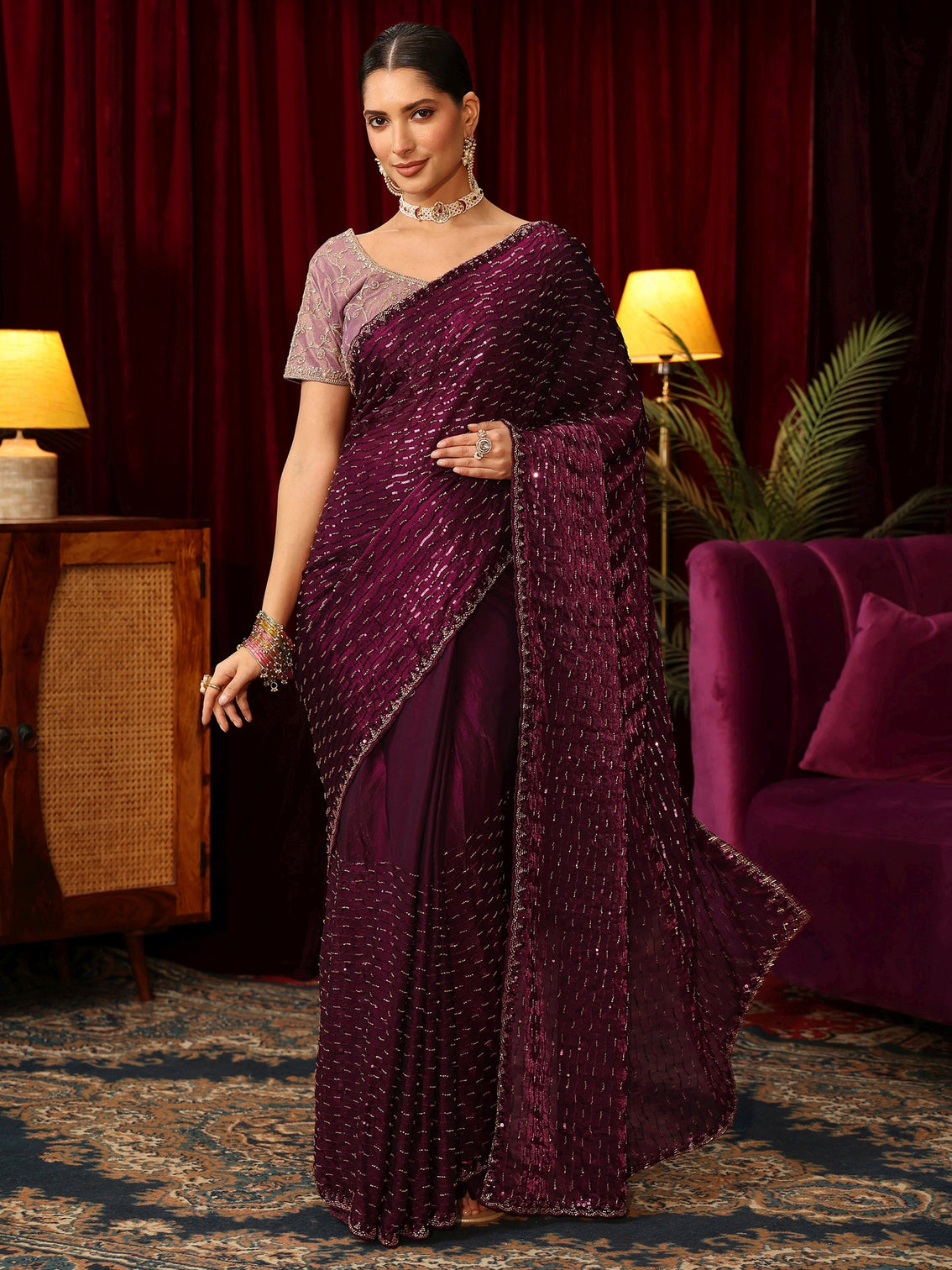 Mameraa Art Burgundy Sequin Embellished Tissue Saree