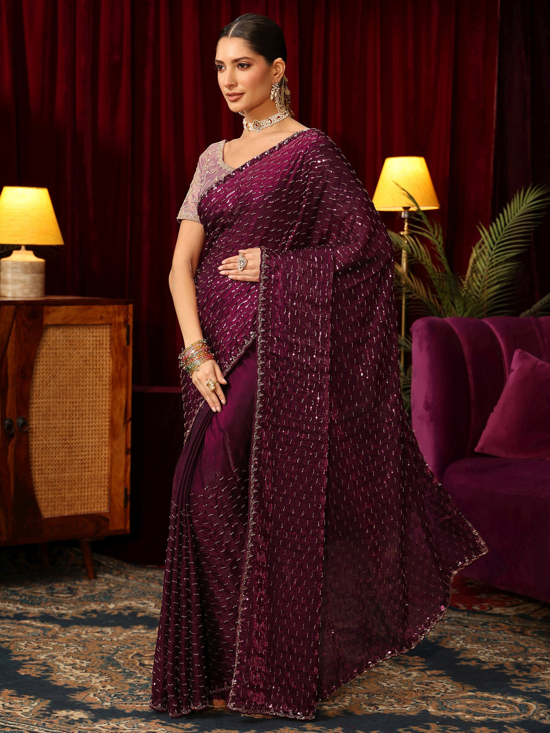 Mameraa Art Burgundy Sequin Embellished Tissue Saree