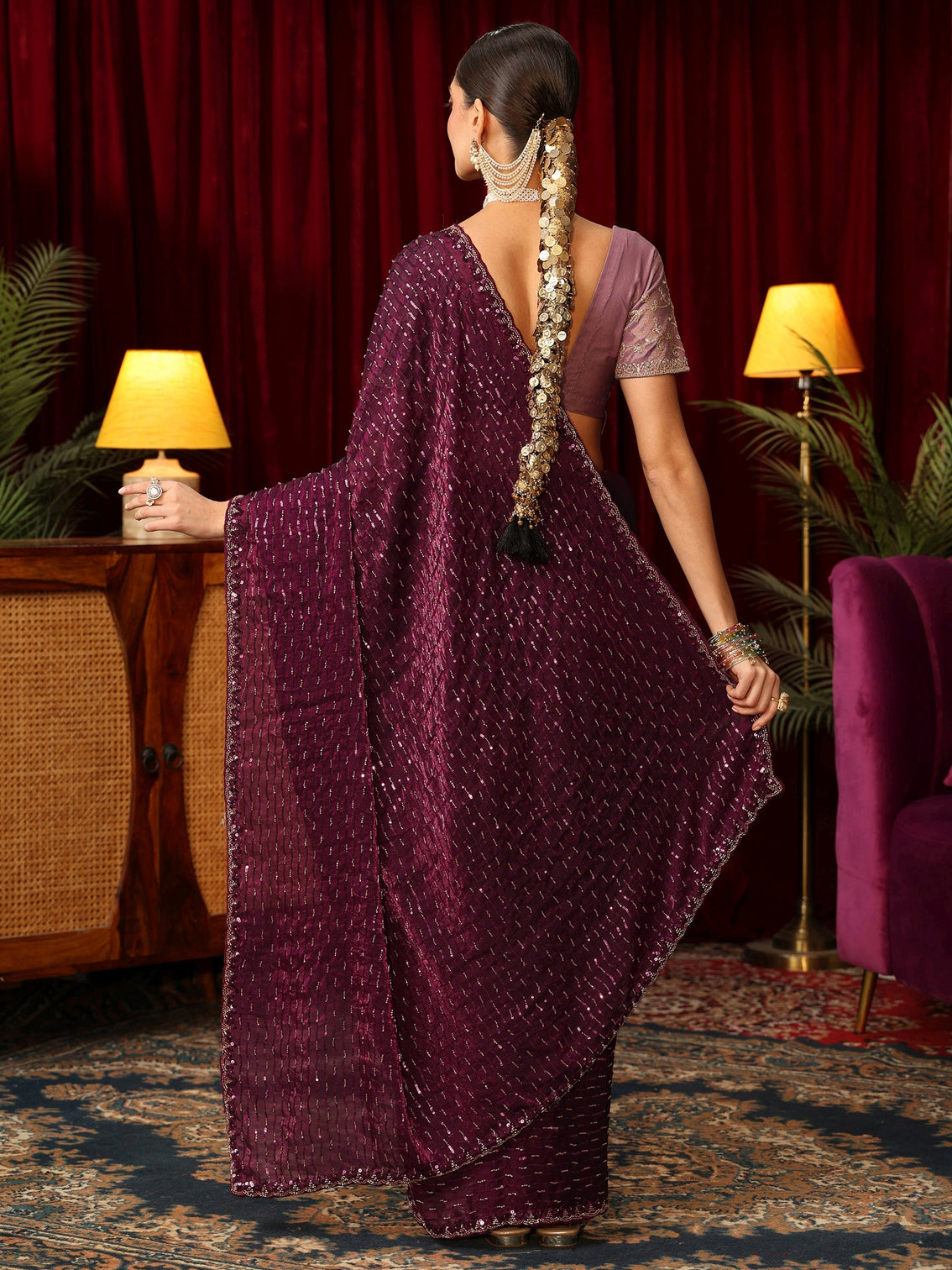 Mameraa Art Burgundy Sequin Embellished Tissue Saree