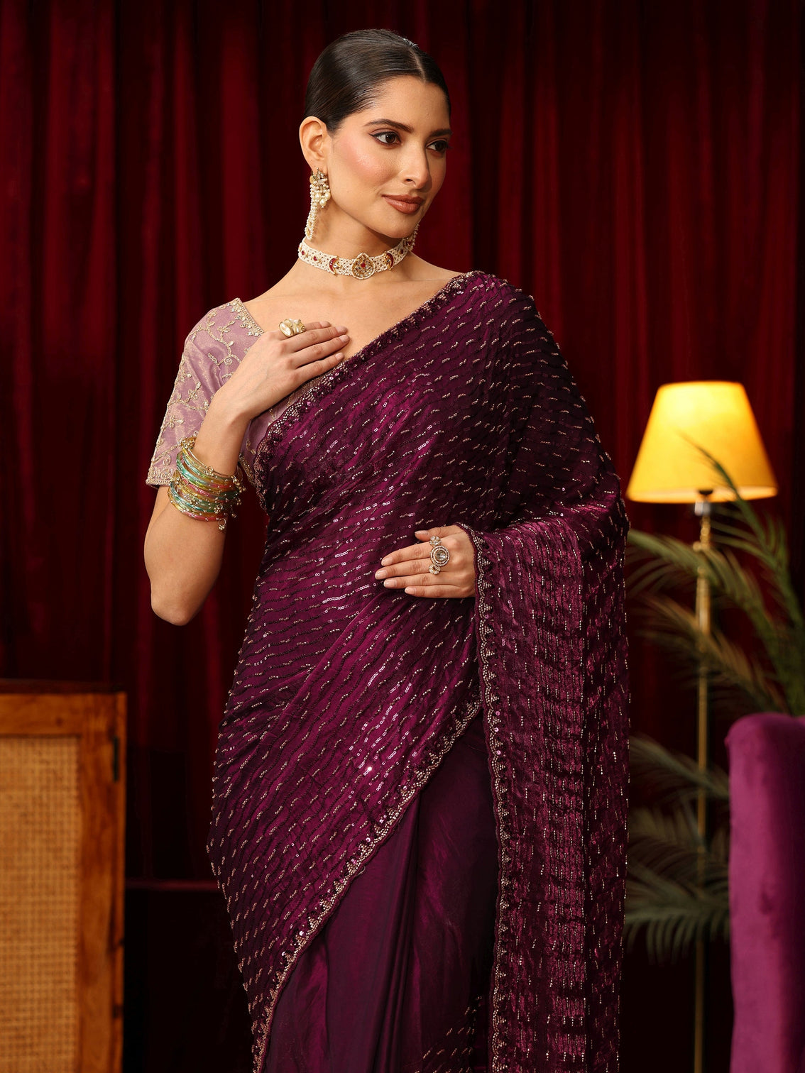 Mameraa Art Burgundy Sequin Embellished Tissue Saree