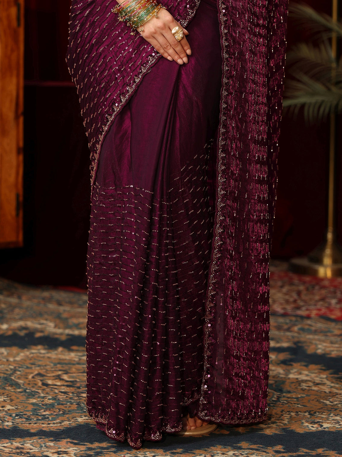 Mameraa Art Burgundy Sequin Embellished Tissue Saree
