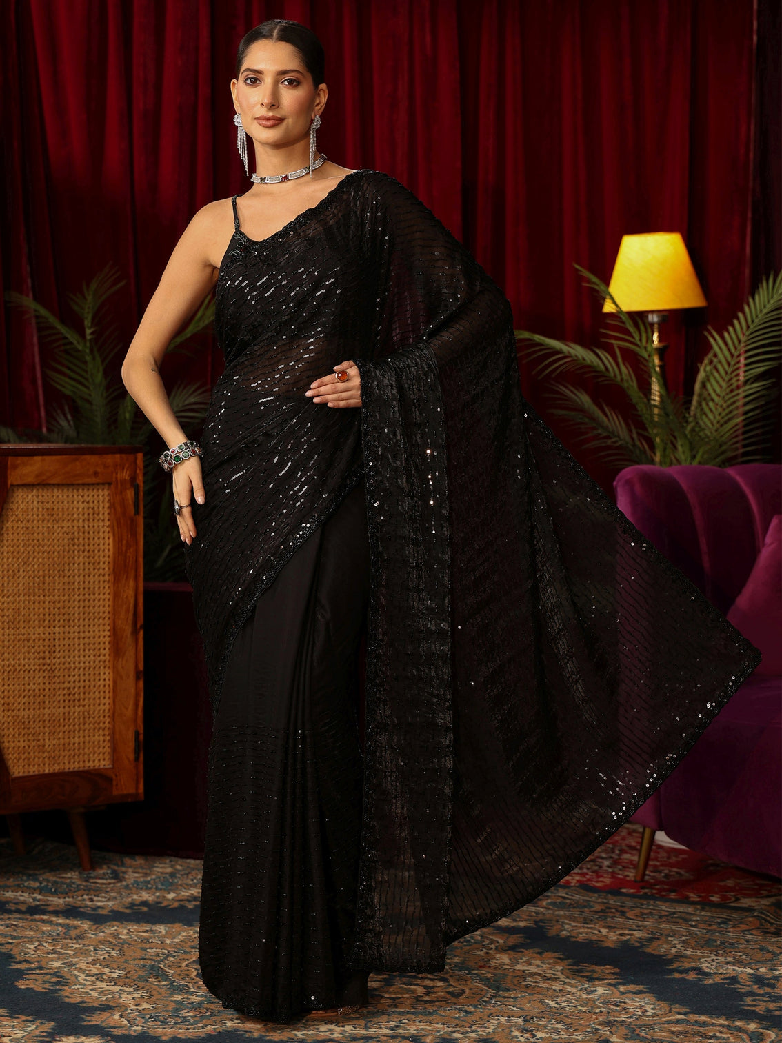 Mameraa Art Black Sequin Embellished Tissue Saree