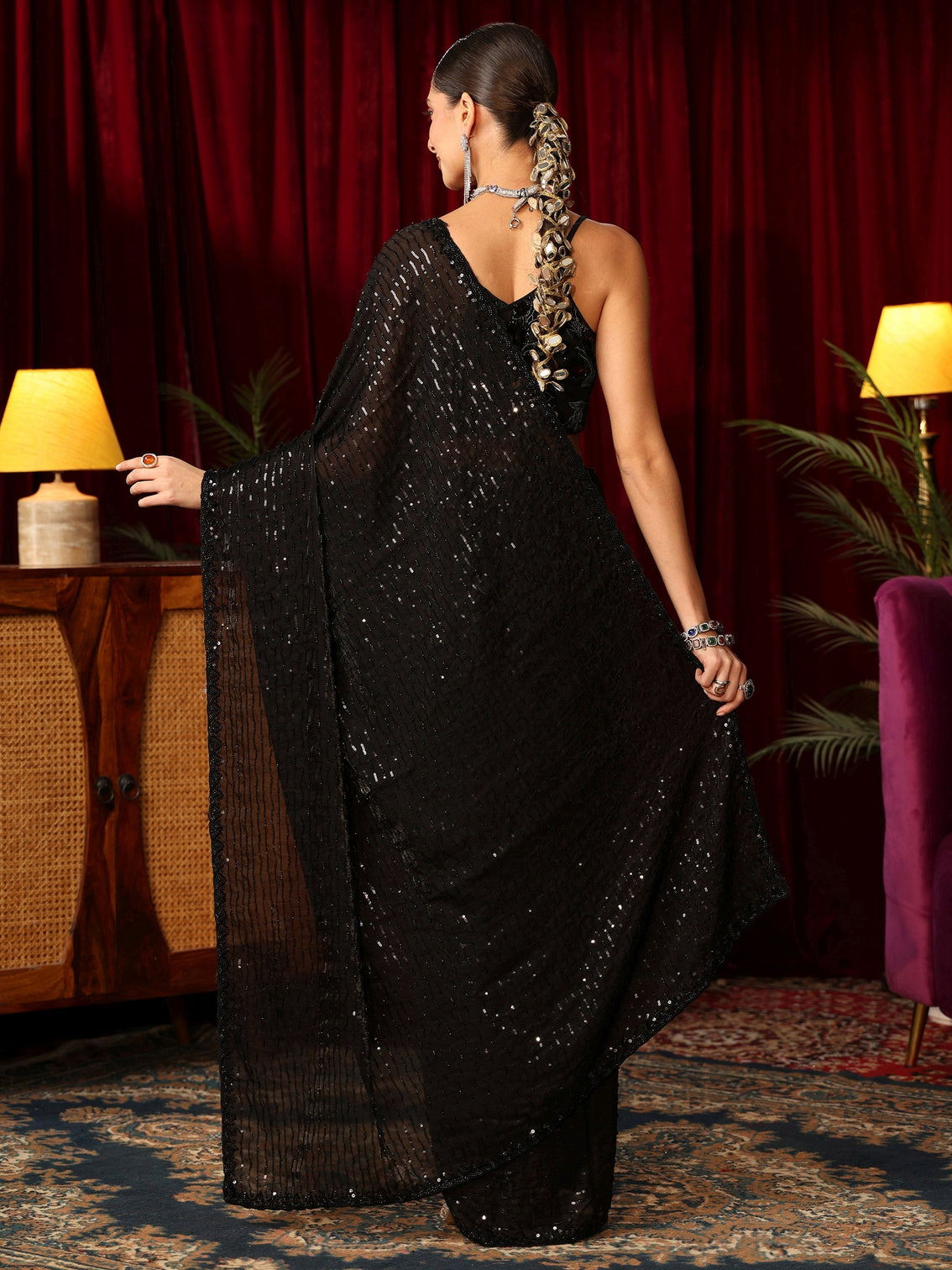 Mameraa Art Black Sequin Embellished Tissue Saree