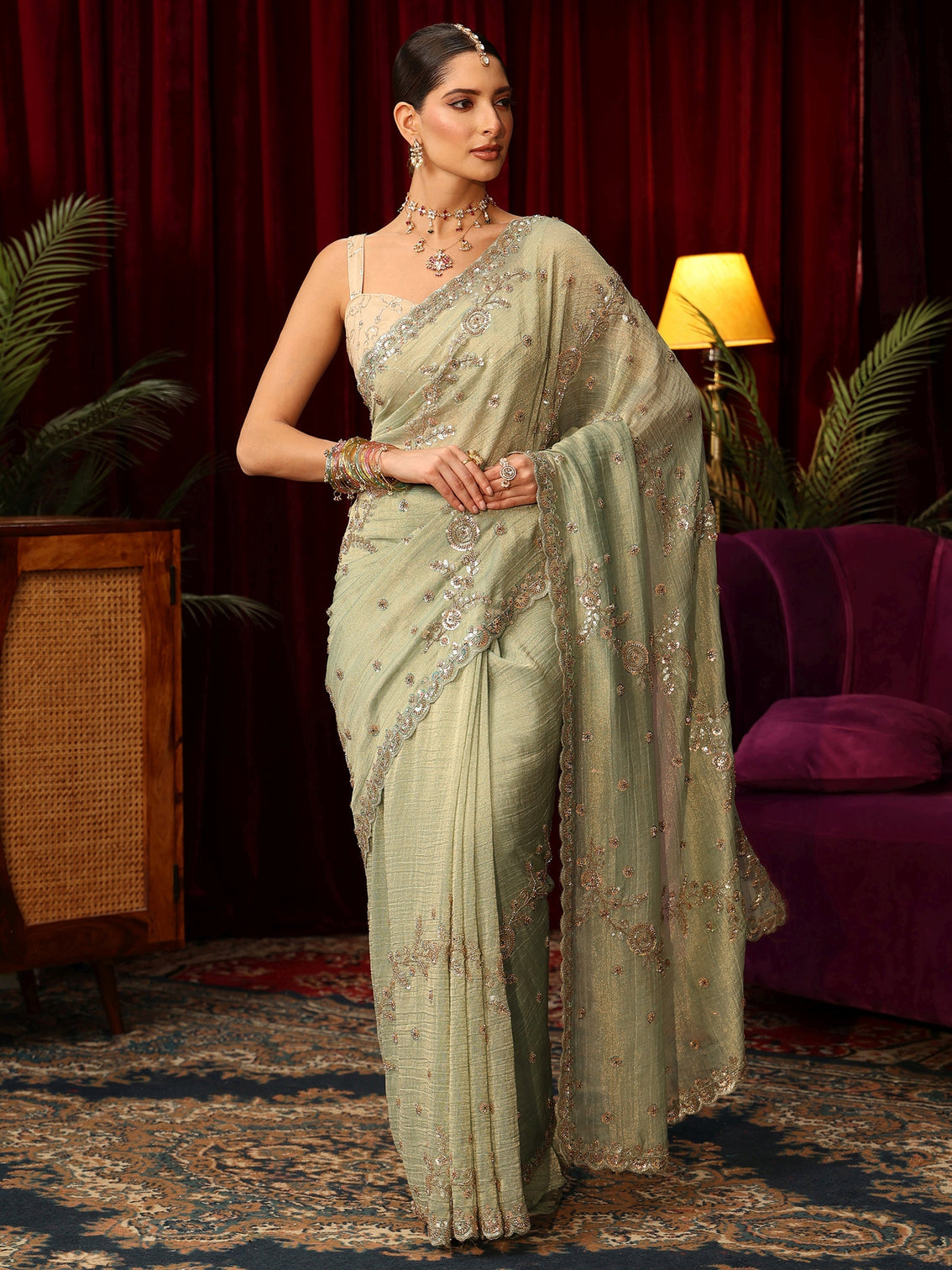 Mameraa Art Sage Green Beads and Sequin Floral Embellished Tissue Saree