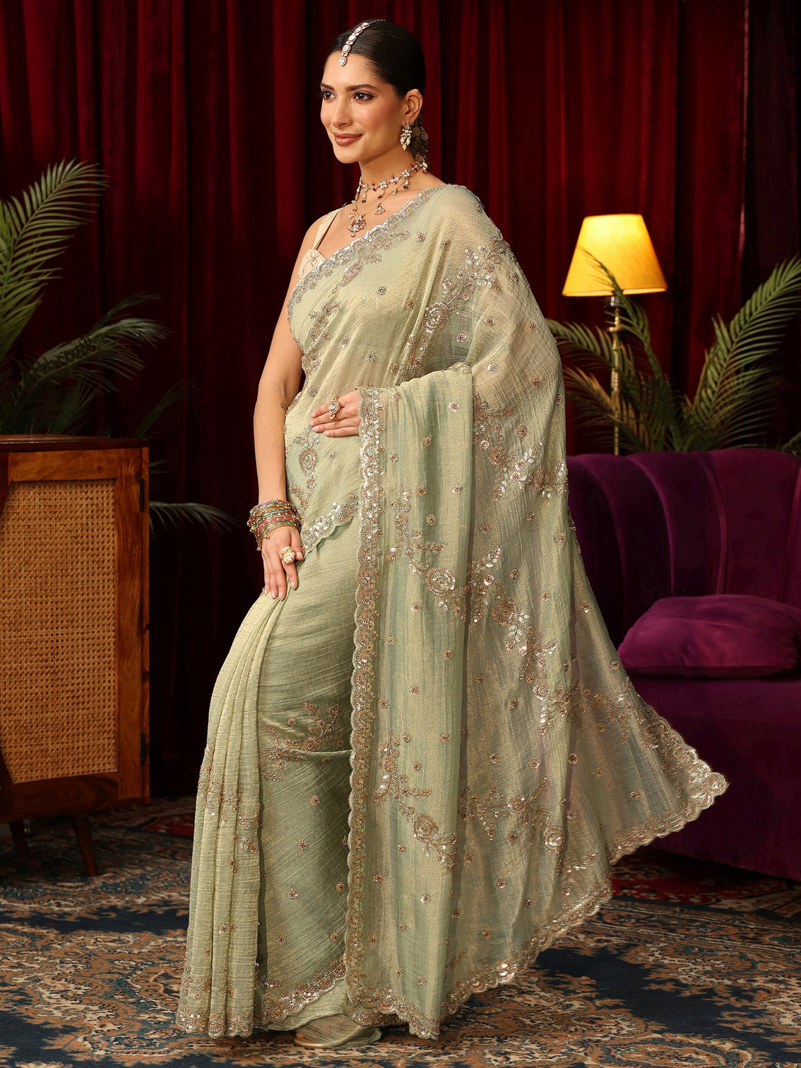 Mameraa Art Sage Green Beads and Sequin Floral Embellished Tissue Saree