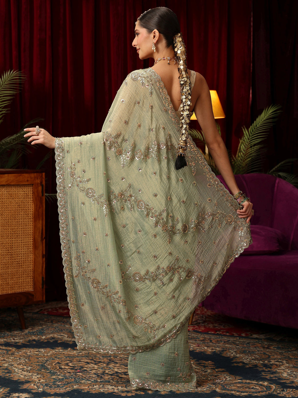 Mameraa Art Sage Green Beads and Sequin Floral Embellished Tissue Saree