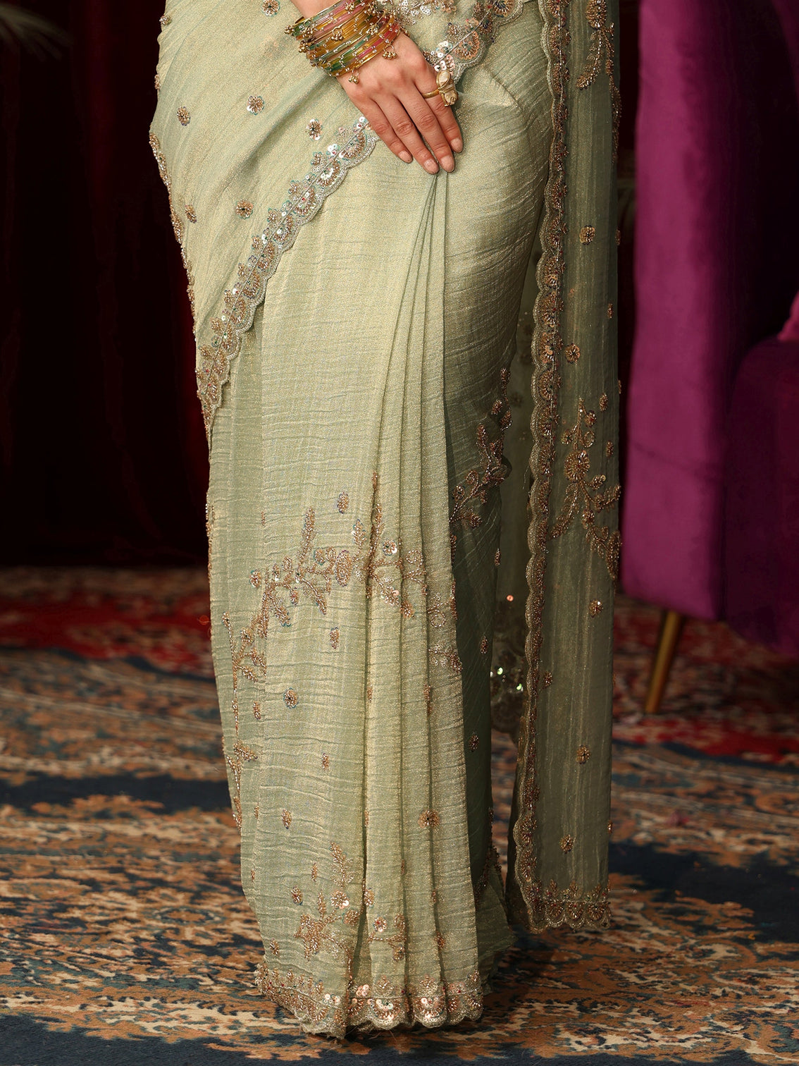 Mameraa Art Sage Green Beads and Sequin Floral Embellished Tissue Saree