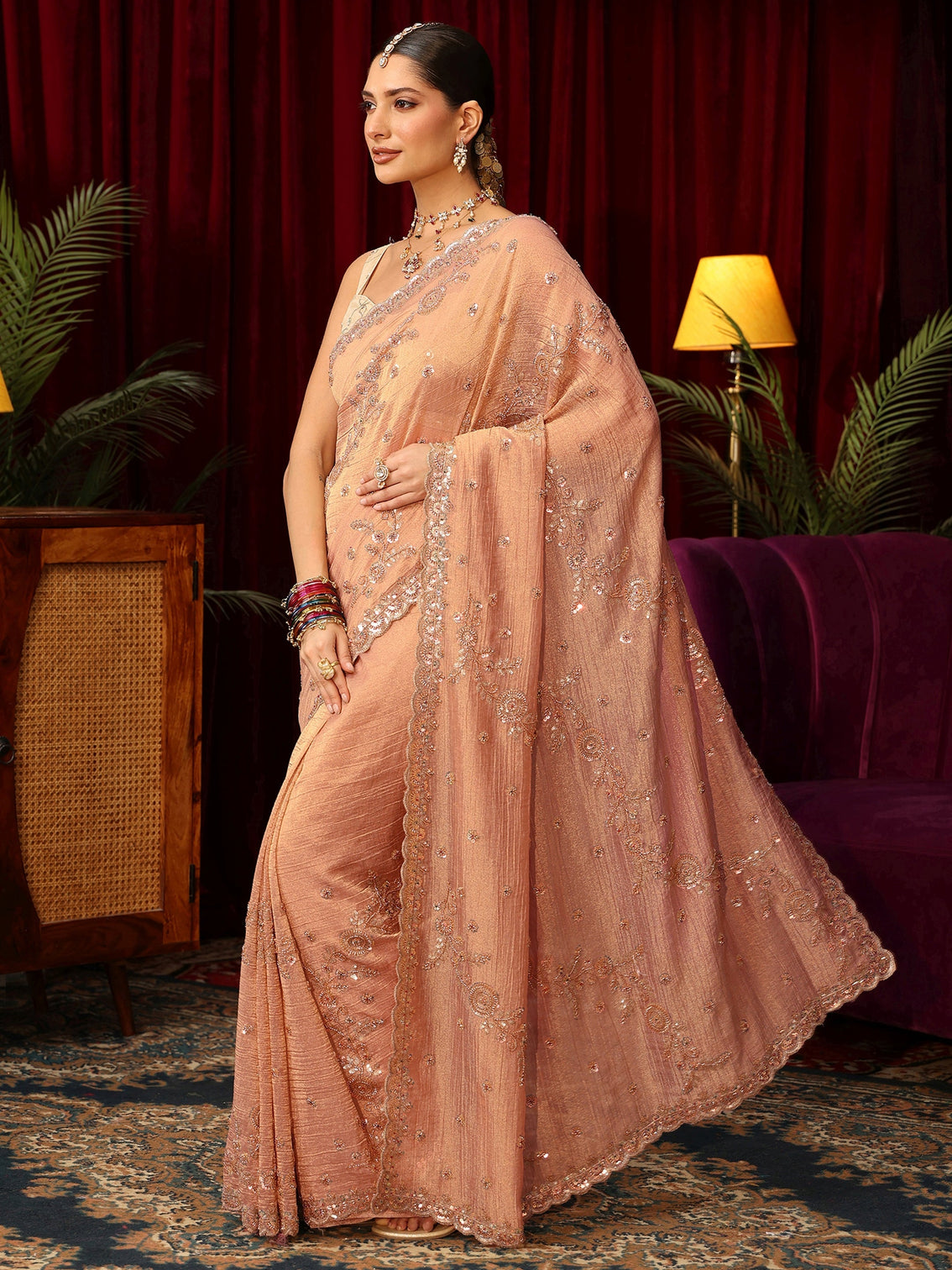 Mameraa Art Peach Beads and Sequin Floral Embellished Tissue Saree