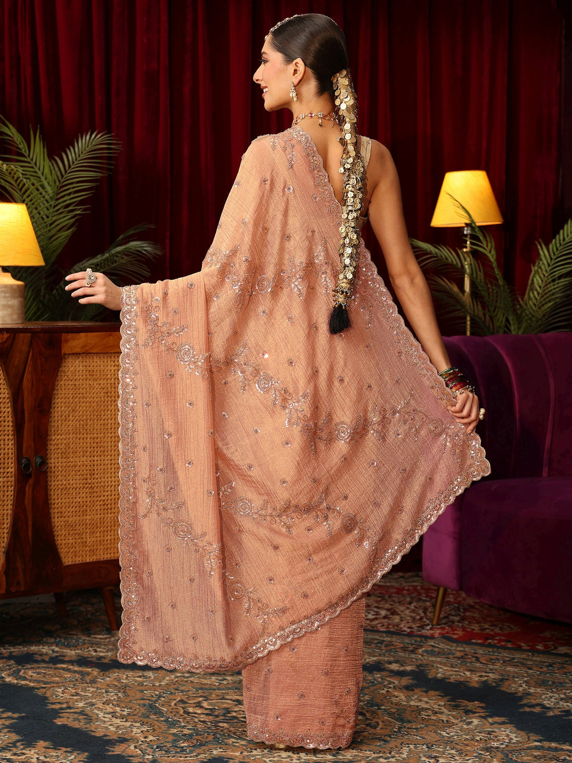 Mameraa Art Peach Beads and Sequin Floral Embellished Tissue Saree