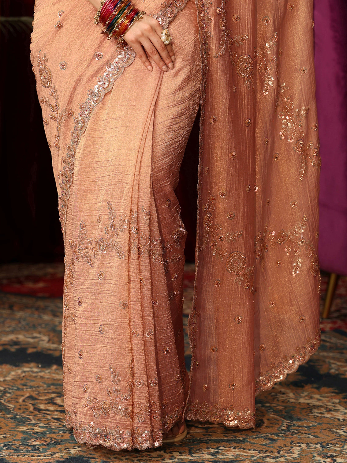 Mameraa Art Peach Beads and Sequin Floral Embellished Tissue Saree