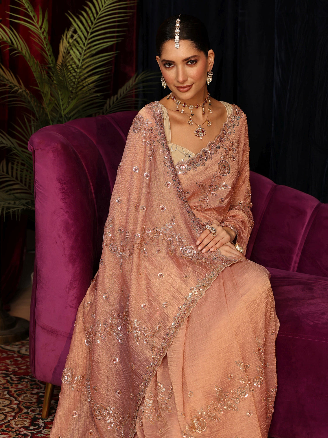 Mameraa Art Peach Beads and Sequin Floral Embellished Tissue Saree