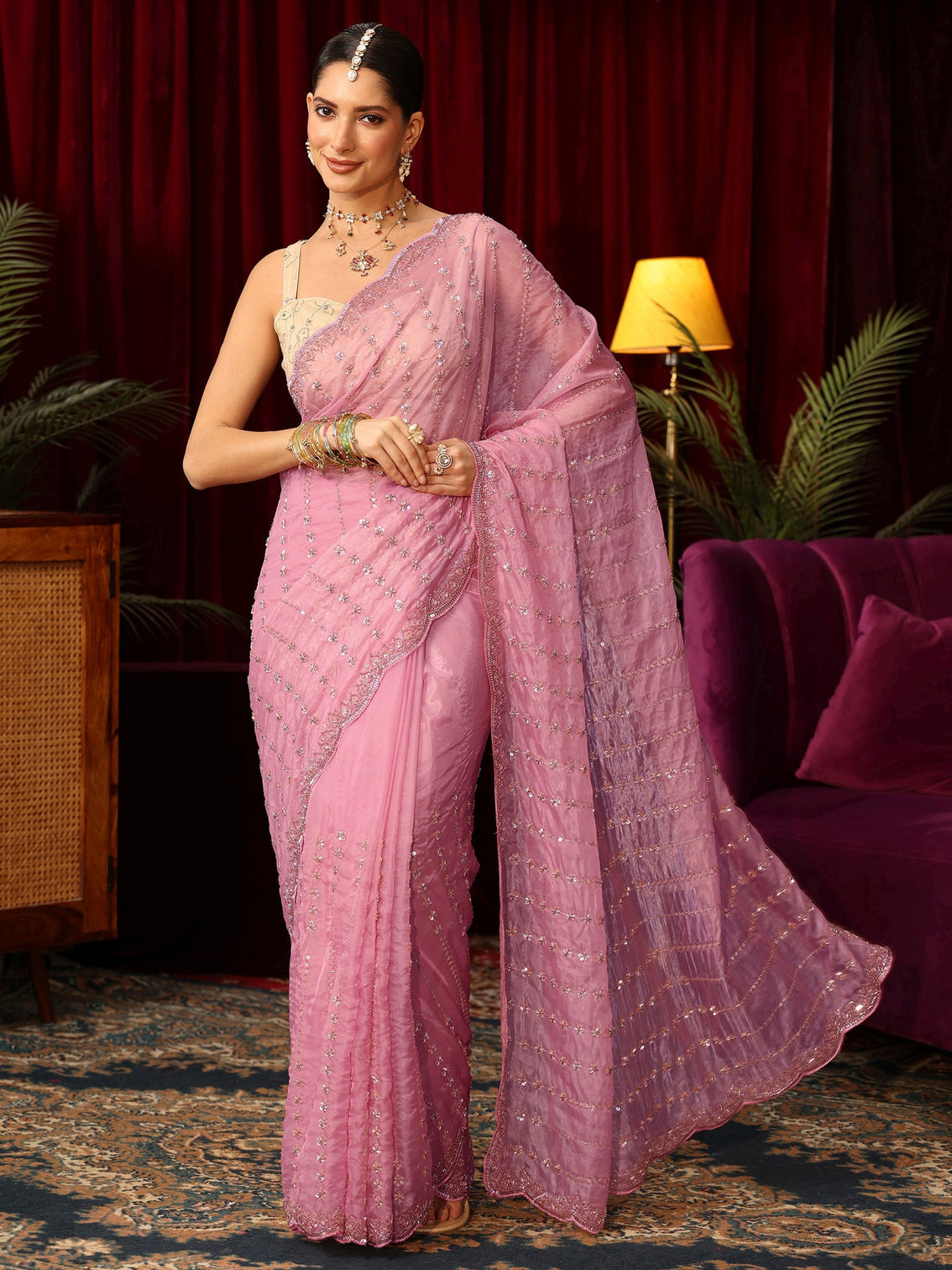 Mameraa Art Pansy Pink Sequin Embellished Tissue Saree