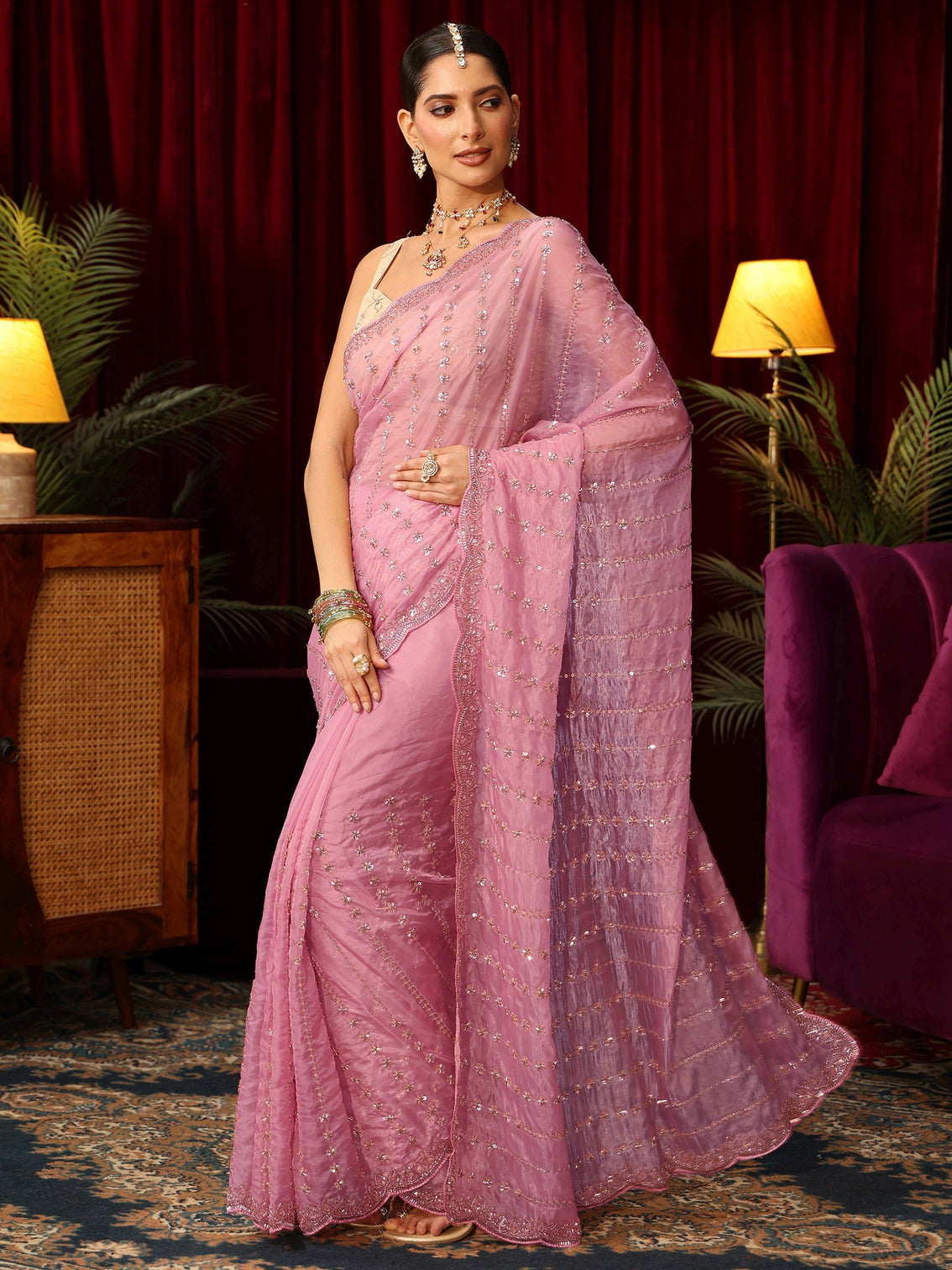 Mameraa Art Pansy Pink Sequin Embellished Tissue Saree