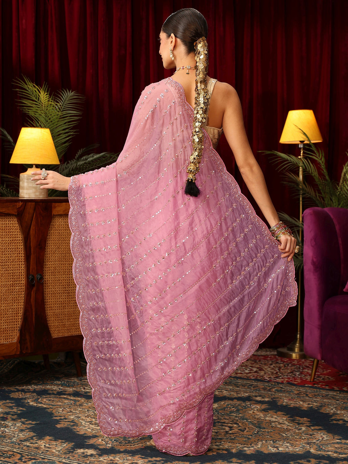 Mameraa Art Pansy Pink Sequin Embellished Tissue Saree