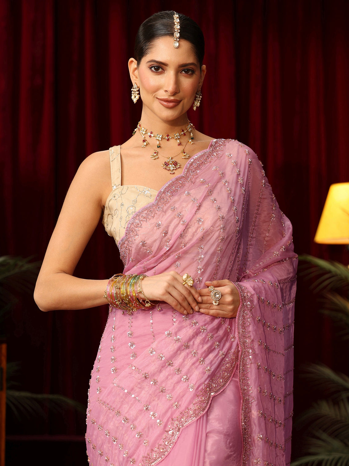 Mameraa Art Pansy Pink Sequin Embellished Tissue Saree