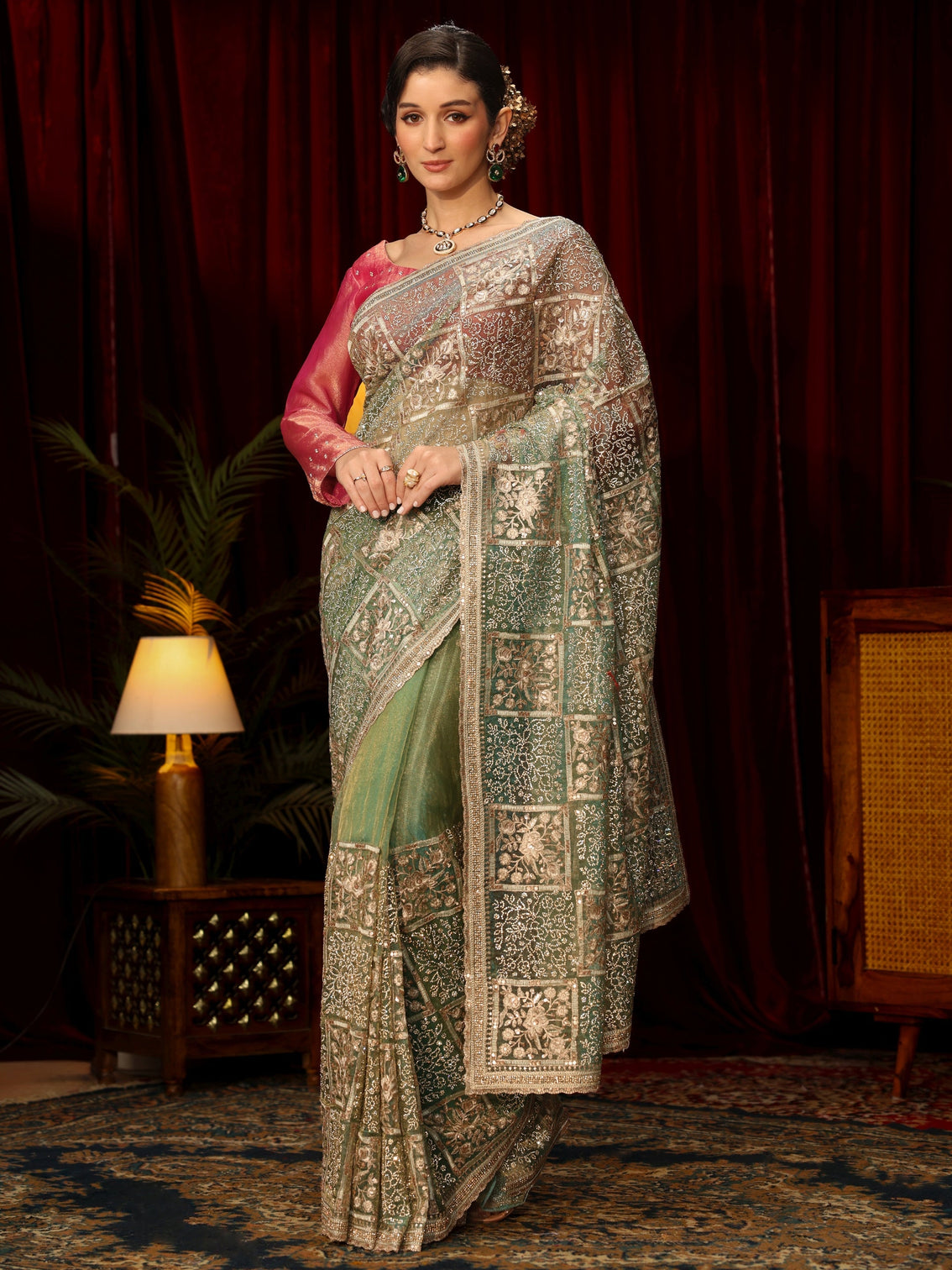 Mameraa Art Green Floral Embellished Tissue Saree