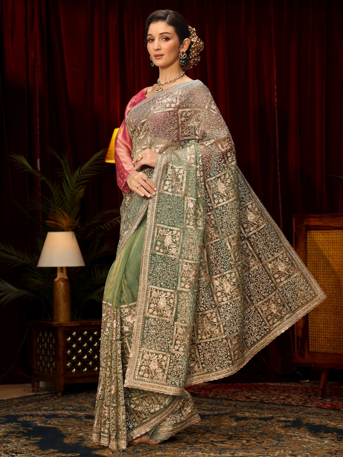Mameraa Art Green Floral Embellished Tissue Saree